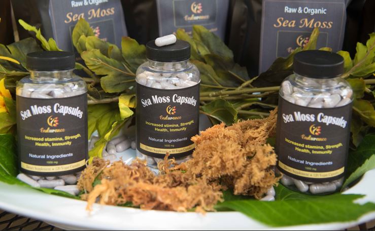 The bottles of Endurance sea moss capsules